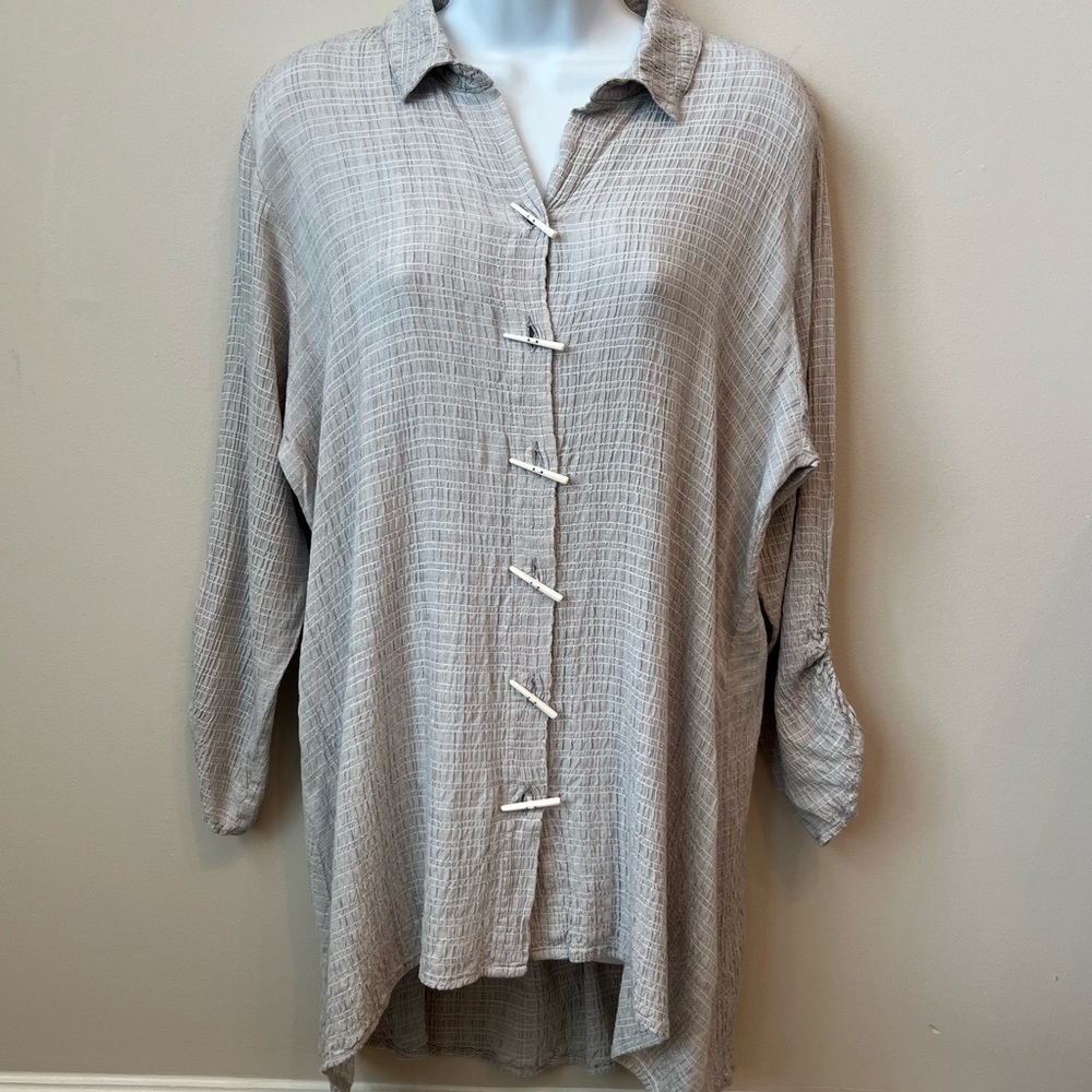 Habitat Clothes to Live In Crinkle Fabric Button Up Tunic Lagenlook Gray Sz S